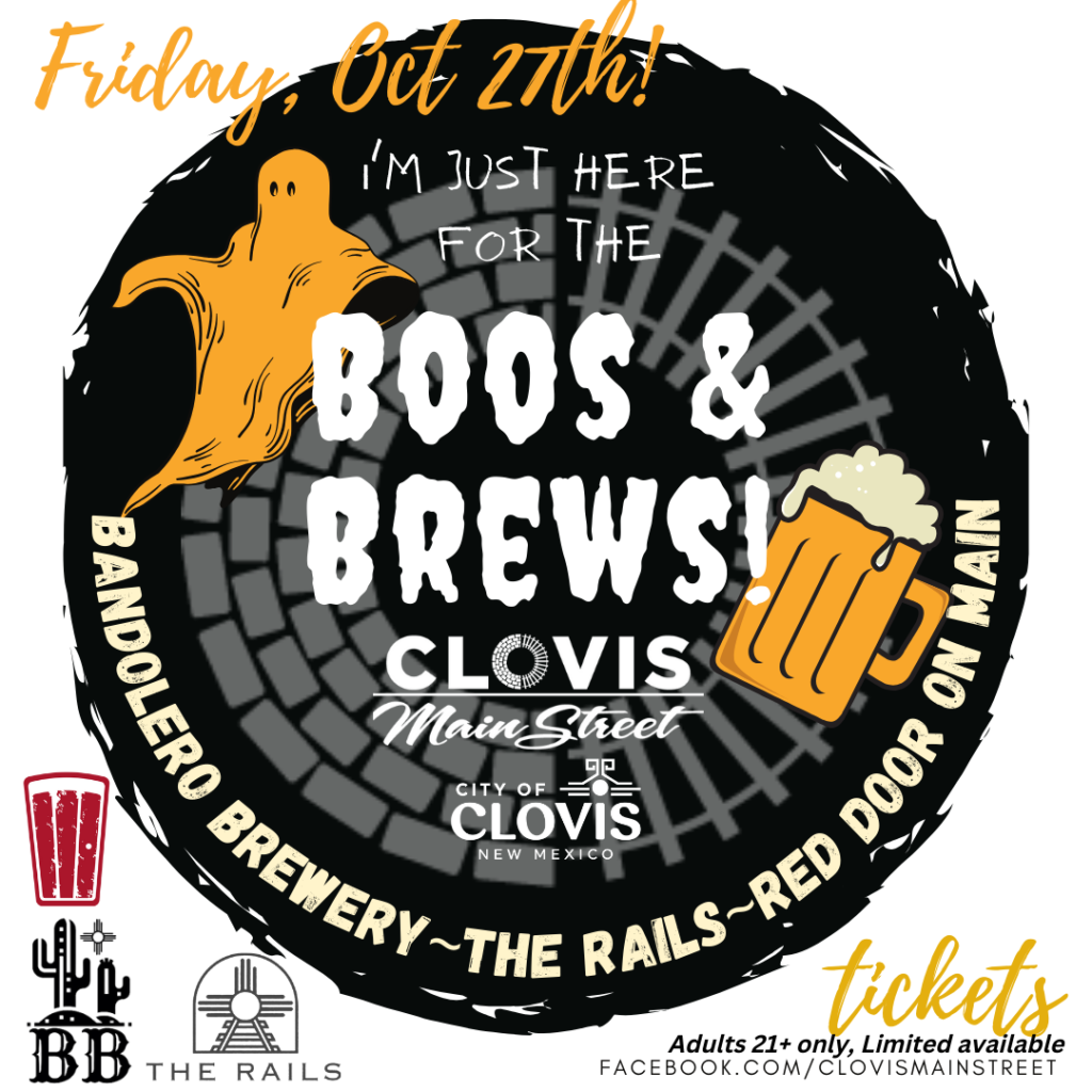 Kick off your Halloween weekend with an adult Trick-or-Treat for beer!! Clovis MainStreet is excited to host the 5th annual Boos & Brews event Friday, October 27th!! Join us for a downtown beer crawl with live music, costume contest and prizes!! 
For more information and tickets visit https://www.eventbrite.com/e/boos-brews-downtown-halloween-pub-crawl-tickets-737707562177?aff=oddtdtcreator 